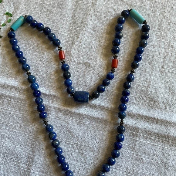 𝅺sterling SILVER 925 LAPIS LAZULI/RED CORAL/Turquose silver beds NECKLACE​​ - Picture 8 of 13